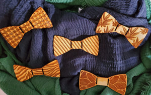 Wooden Bowties Etched with various design prints such as hounds tooth, tiger print, leaves and stripes 