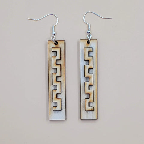 Rectangle Shape Wooden Earrings. Squiggle pattern attached to base